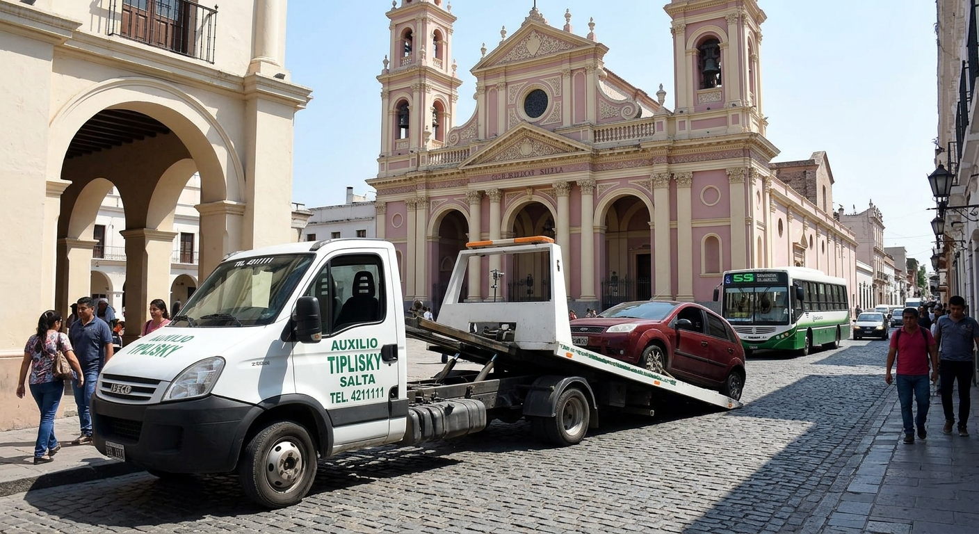 Grúa de auxilio mecánico remolcando un vehículo en Salta